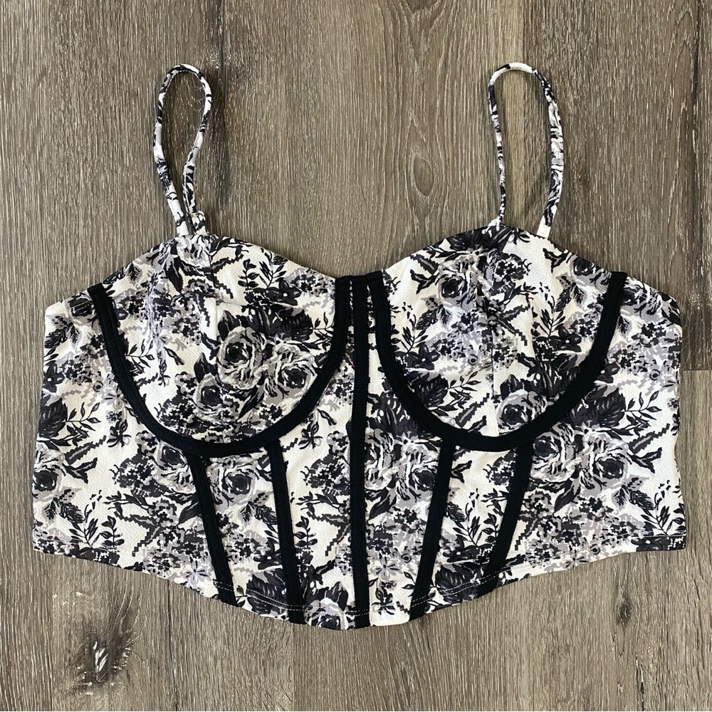 SHEIN Curve Corset Crop Top Women’s Size 2XL Floral Black White Spegetti Straps